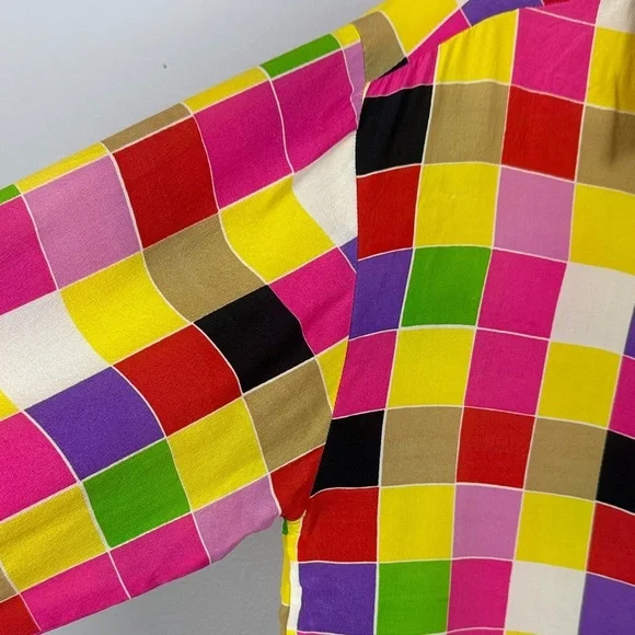 Suitsme Vibrant Retro Style Relaxed Fit Silk Multicolor Checkered Small Blouse - Picture 4 of 11